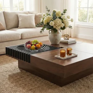 Pre-Assembly 39.4” Mid Century Square Wood Coffee Table with Large Storage Walnut Finish and Sliding Top
