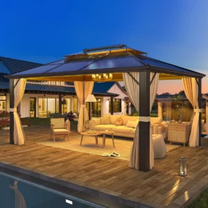 13 Ft. W x 10 Ft. D Outdoor Gazebo, Aluminum Frame Pergola with Double Roof Canopy, Permanent Pavilion with Netting and Curtains for Lawn, Garden, Patio