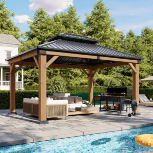 Jolydale Soild Wood Gazebo, Hardtop Gazebo With Galvanized Steel Double Roof, Suitable For Patios, Lawn And Backyard