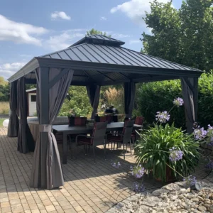 PURPLE LEAF 12' X 20' Permanent Hardtop Gazebo Aluminum Gazebo with Galvanized Steel Double Roof for Patio Lawn and Garden, Curtains and Netting Included, Gray